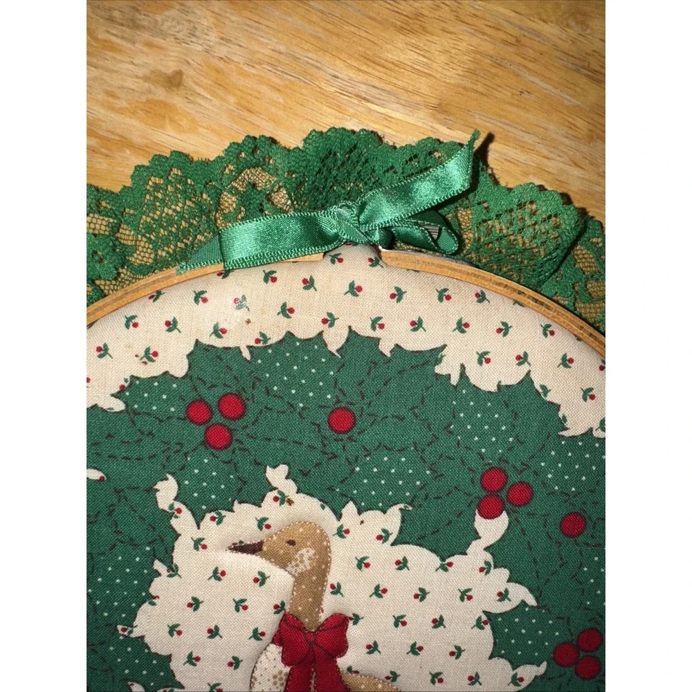 Vtg Handmade Christmas Goose Embroidery Hoop Wall Hanging Lace Trim Grandmacore